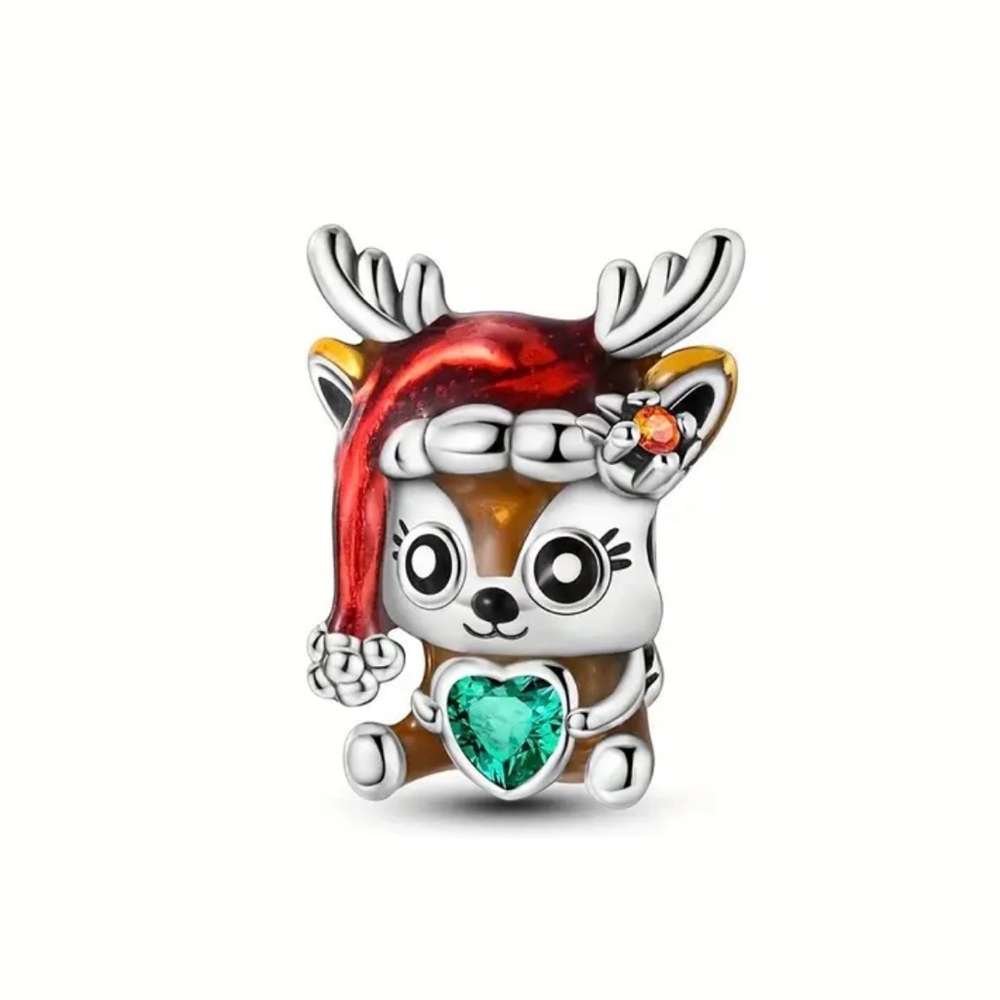 Festive Reindeer Charm with Red Hat and Green Heart